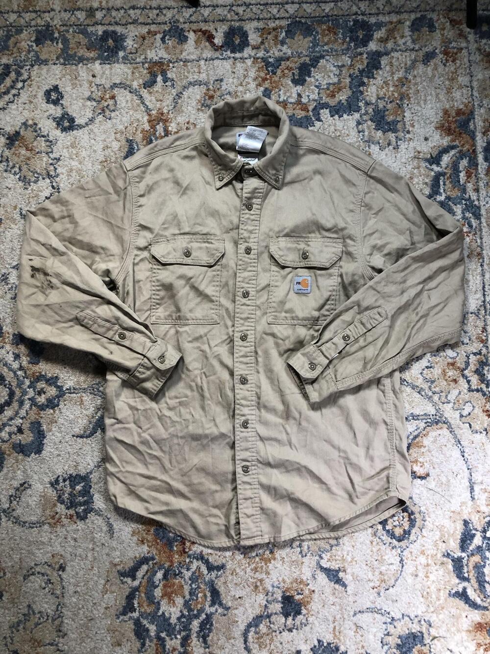 Carhartt FR Shirt Mens M Beige Twill Flame Resistant Long Sleeve Workwear
